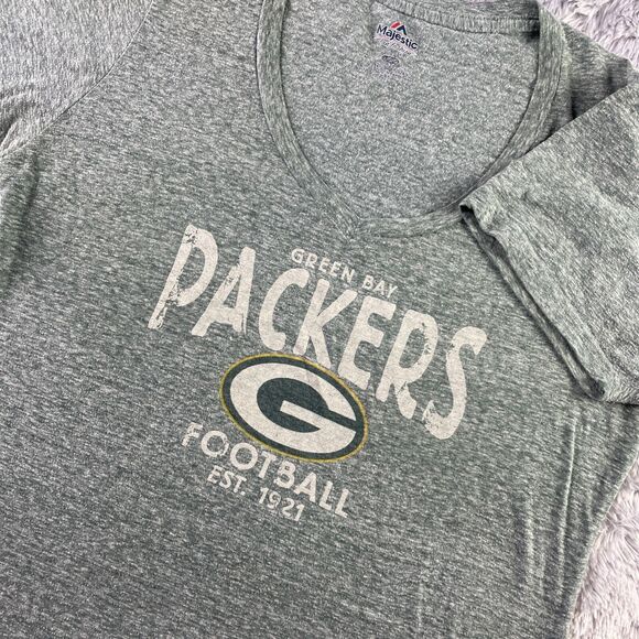 Majestic Tops - Green Bay Packers Shirt Womens Large Green White Heather Vneck Short Sleeve NFL